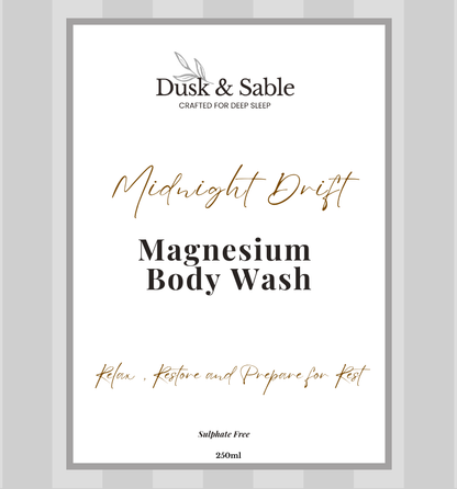 Dusk & Sable Midnight Drift Magnesium Body Wash label with clean white background, emphasizing magnesium and silk qualities.