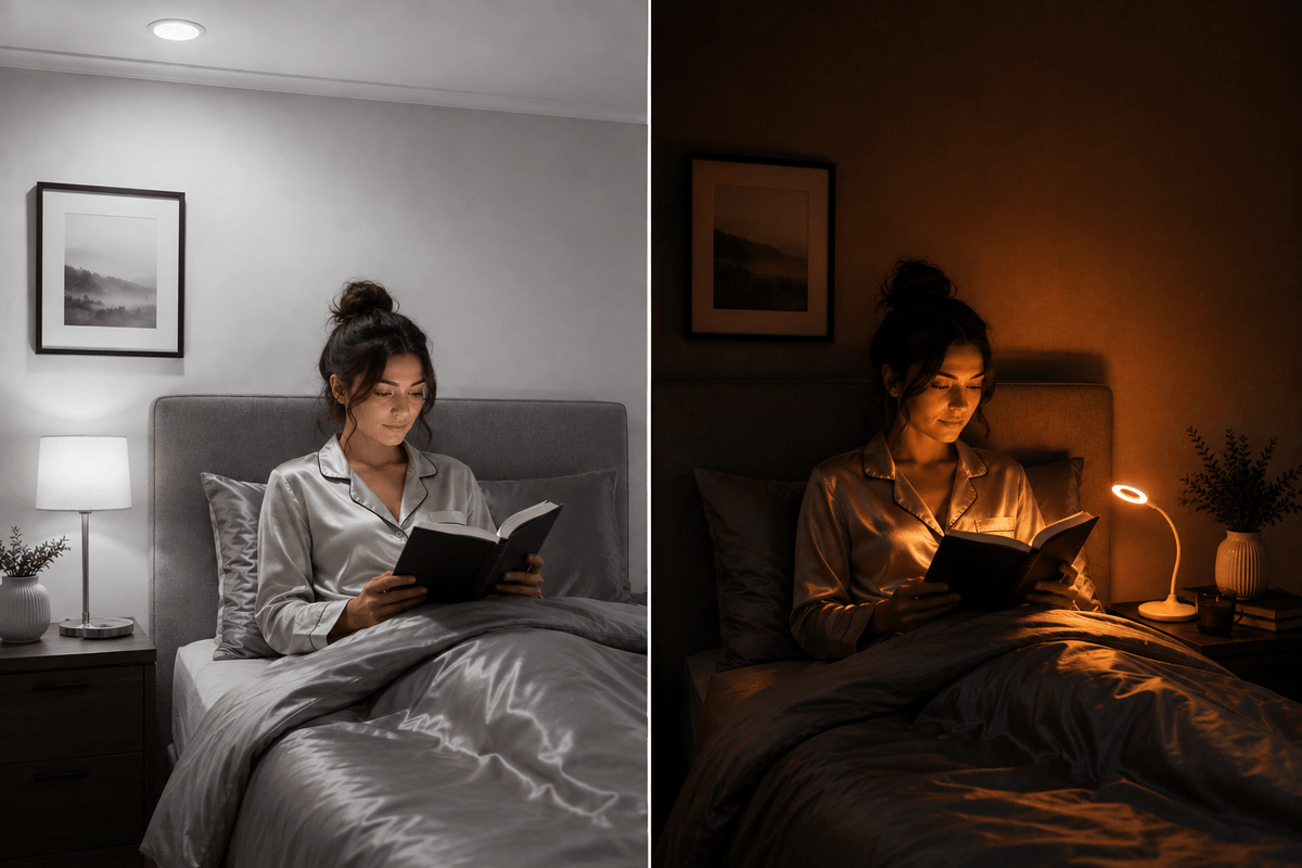 A side-by-side comparison of a bedroom scene showing a woman reading in bed under different lighting conditions. The left side shows the room in cool, bright daylight, while the right side shows the same room in warm, dim yellow-orange light, highlighting the effect of a bedside lamp.