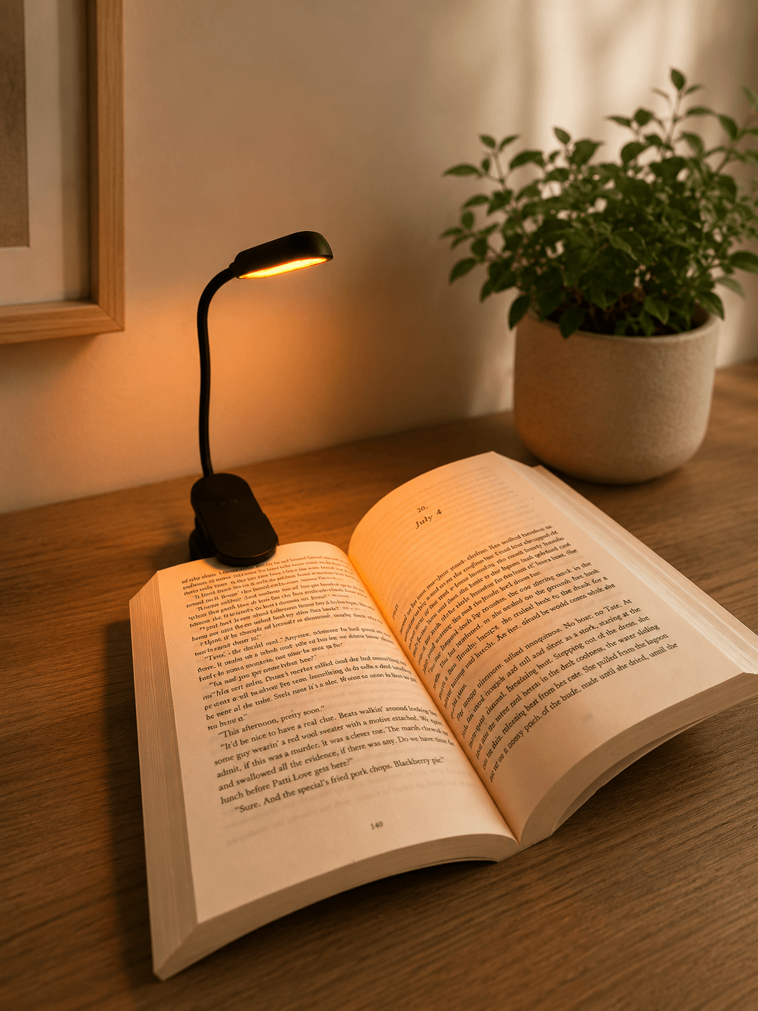Black 100% blue light free reading lamp illuminating an open book on a wooden surface with a green potted plant nearby,.