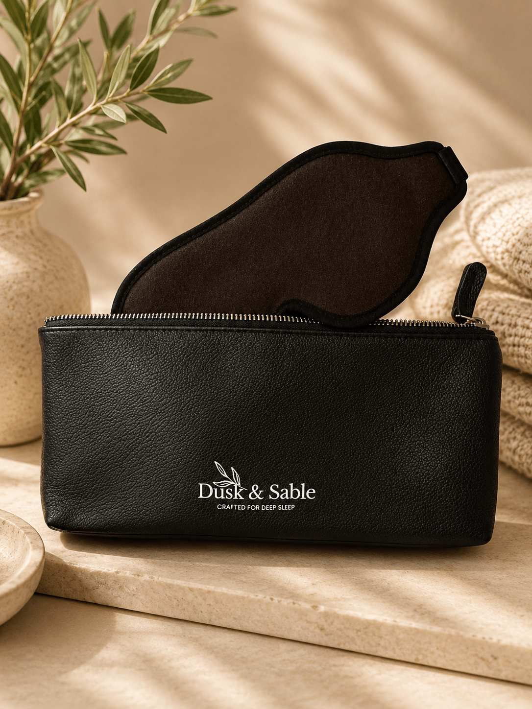 Black contoured 3D sleep mask made of mulberry silk with a matching black storage pouch labeled Dusk & Sable, designed as a.