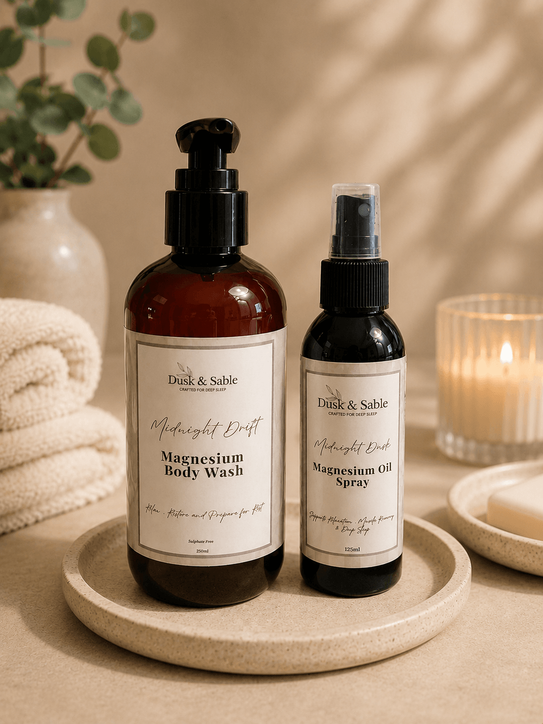 Midnight Magnesium Night Relax and Recover bundle with amber magnesium body wash and spray bottles on a beige tray, beside a .