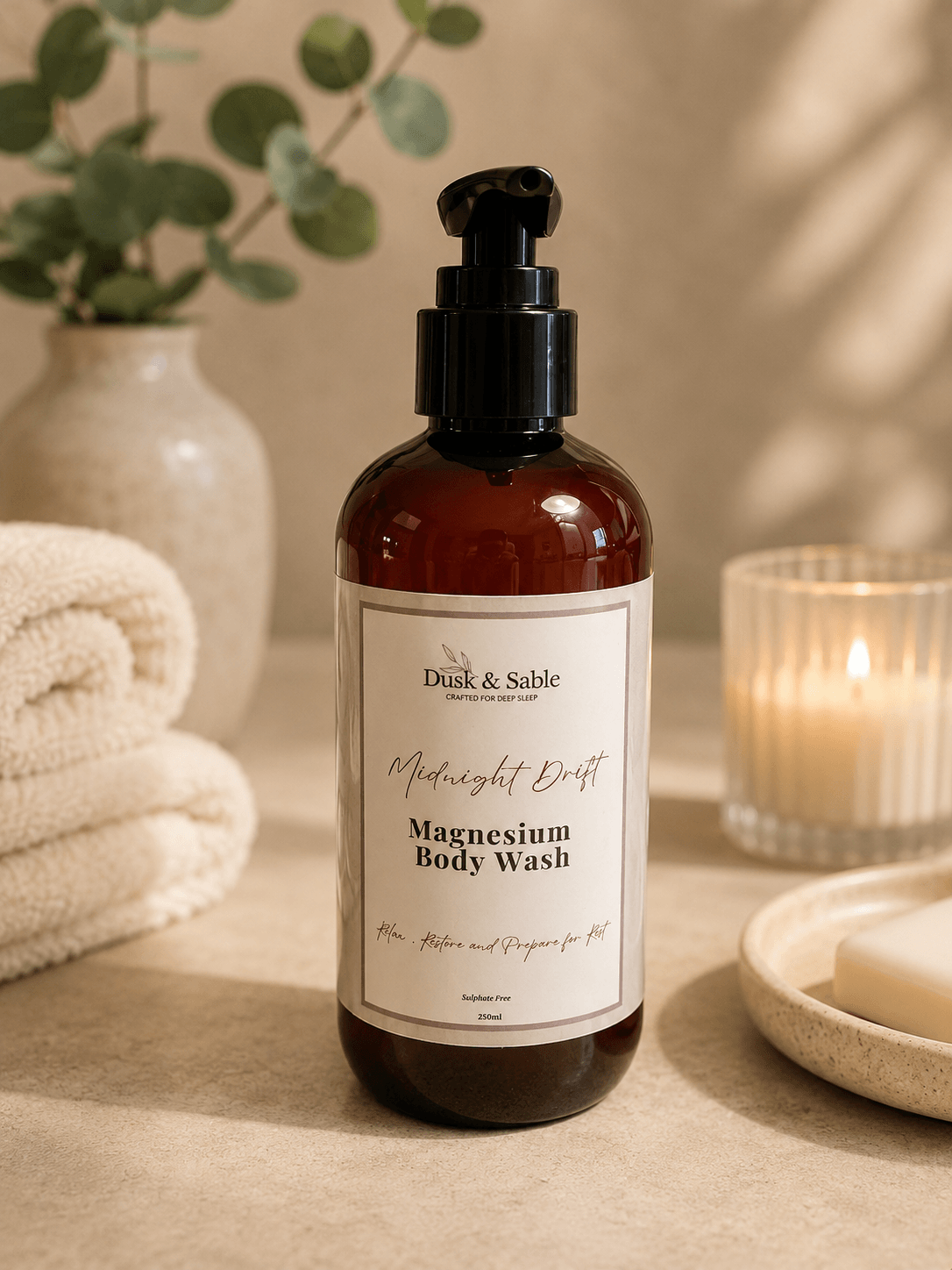 Amber pump bottle of Midnight Magnesium Body Wash by Dusk & Sable on beige surface with towel and candle nearby.