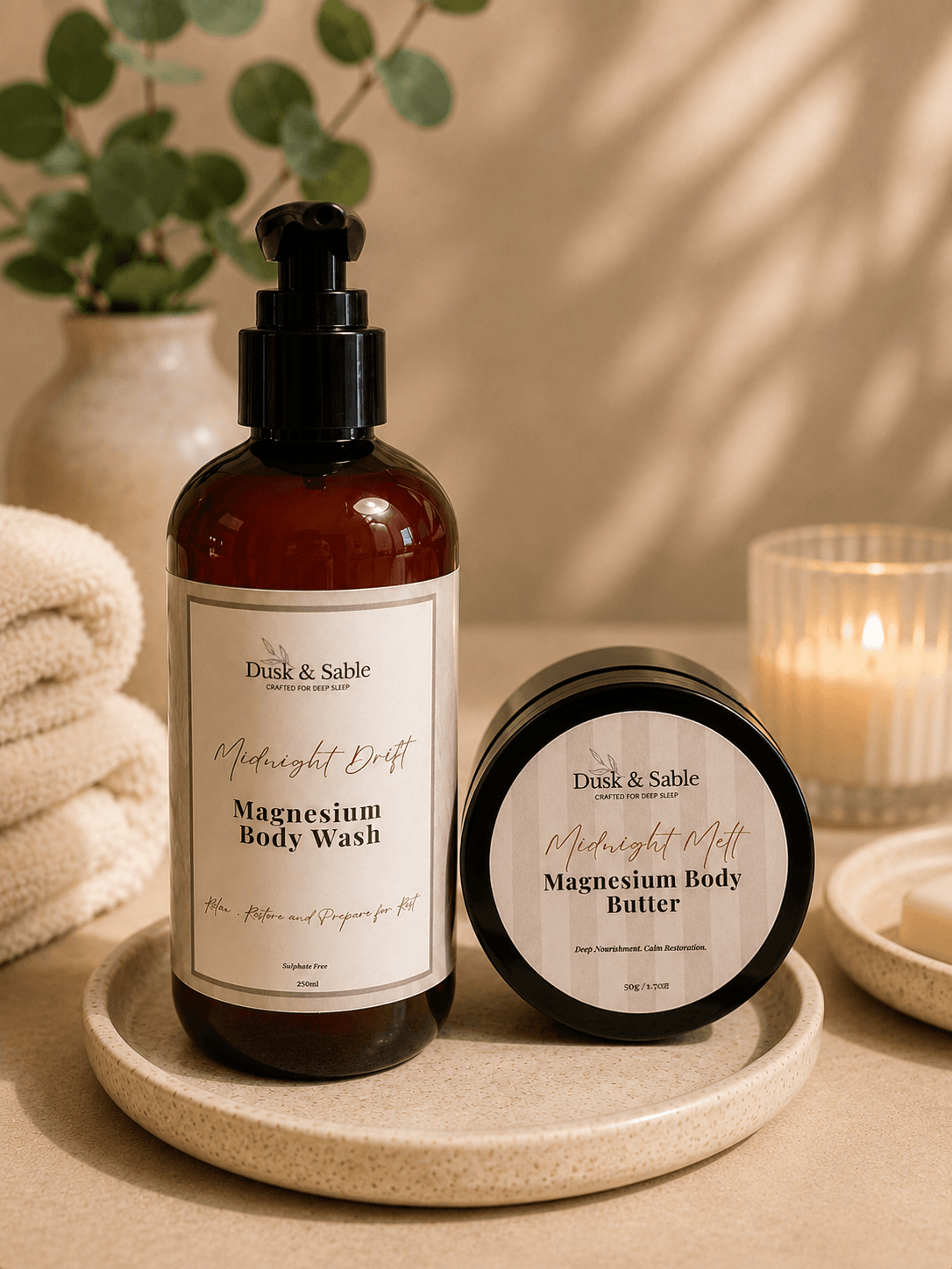 Amber glass pump bottle and jar of Magnesium Body Wash and Body Butter on round wooden tray with white towel and green plant .