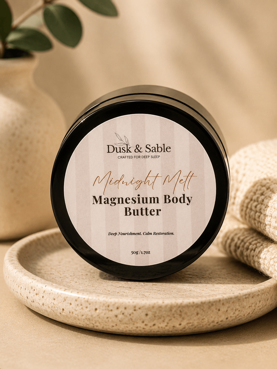 Midnight Ritual Magnesium Body Butter jar with black lid on textured beige tray.