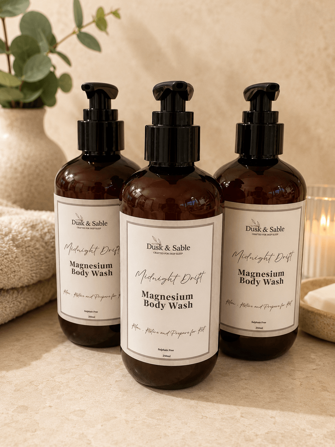 Three amber pump bottles of Midnight Drift Magnesium Body Wash with natural beige labels on a neutral-toned surface,.