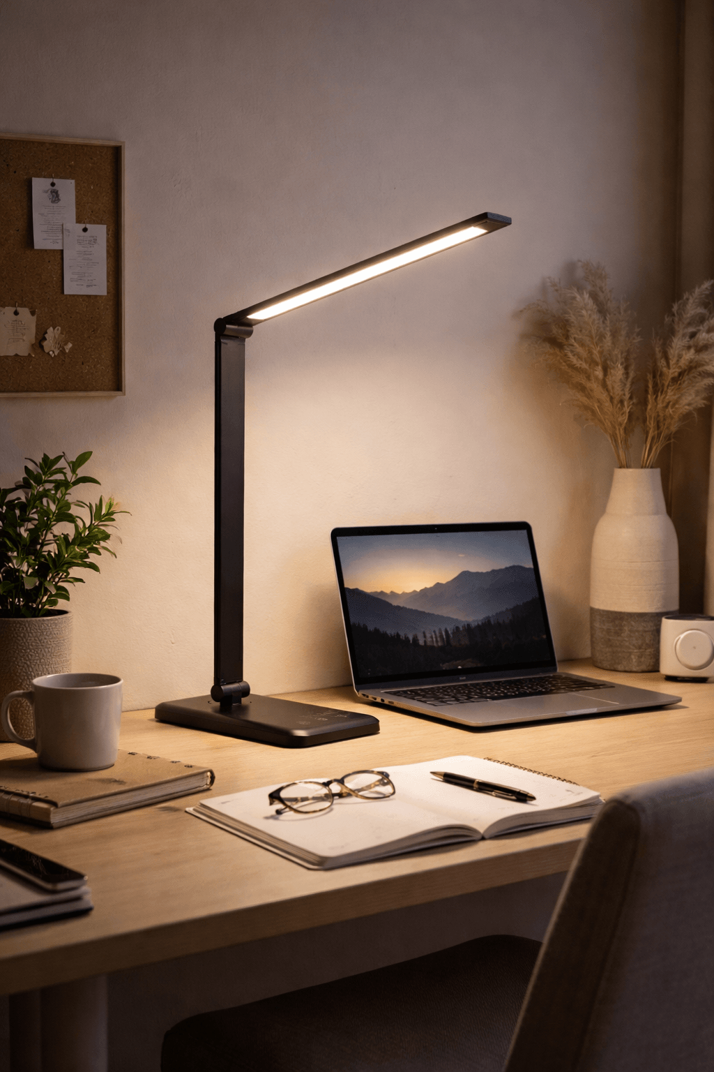 Black adjustable Dusk Halo reading lamp illuminating wooden desk with laptop, eyeglasses, and notebook.