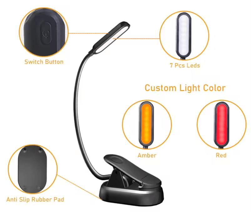 Flexible black clip-on reading lamp with anti-slip rubber pad and 7 white LED lights, blue light free and adjustable amber.